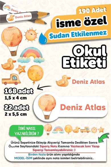 190 Adet Kişiye Özel Okul Etiketi İsimli Kalem Defter Suluk Etiket Dayanıklı Etiket Ördek Uçan balon