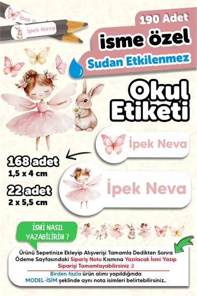 190 Adet Kişiye Özel Okul Etiketi İsimli Kalem Defter Suluk Etiket Dayanıklı Etiket Peri Kızı ve Tavşan