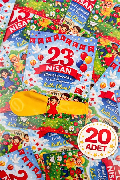 20 Adet 23 Nisan Şeker ve Balon Konulabilen Tebrik Kartı 20'li Set – Sınıf Dağıtımlık Hediyelik Kart