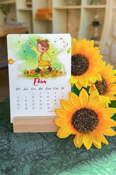 El Çizimi Karakterlerle 2026 Masa Takvimi | Renkli ve Sevimli Tasarım | Ahşap Stand Dahil