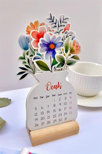 2026 Ahşap Ayaklı Çiçekli Tasarım Mini Özel Tasarım Takvim, 2026 Takvim Özel Desen Özel Kesim Hediye