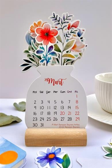 2026 Ahşap Ayaklı Çiçekli Tasarım Mini Özel Tasarım Takvim, 2026 Takvim Özel Desen Özel Kesim Hediye