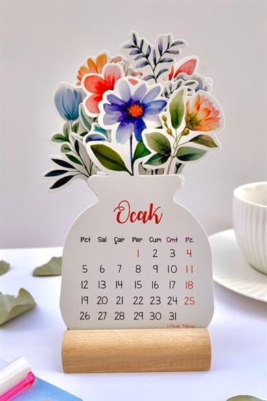 2026 Ahşap Ayaklı Çiçekli Tasarım Mini Özel Tasarım Takvim, 2026 Takvim Özel Desen Özel Kesim Hediye