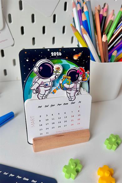 2026 Uzay Temalı Masa Takvimi – Astronot Tasarımlı, Ahşap Standlı, 12 Ay Özel Kesim Kart Takvim
