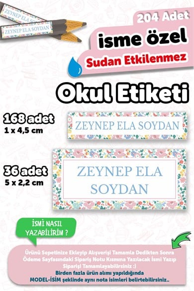 204 Adet Kişiye Özel Okul Etiketi İsimli Kalem Defter Suluk Etiket Dayanıklı Etiket Çiçekli