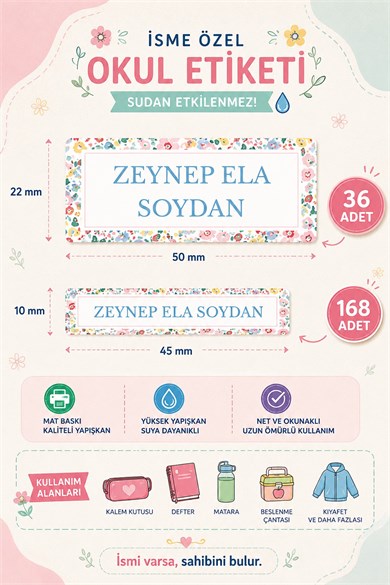 204 Adet Kişiye Özel Okul Etiketi İsimli Kalem Defter Suluk Etiket Dayanıklı Etiket Çiçekli