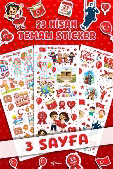 23 Nisan Mini Sticker Seti 3 Sayfa | Okul Etkinlik ve Hediye Sticker |  Çocuk Bayramı Sınıf Hediyelk