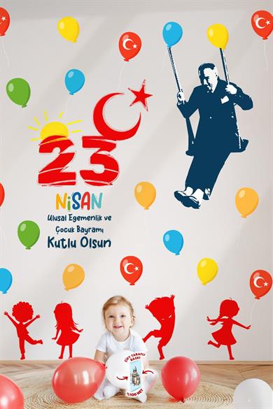 23 Nisan Temalı Bayraklı Çift Taraflı Baskılı Sticker Seti, Atatürk ve Çocuk Cam Sticker