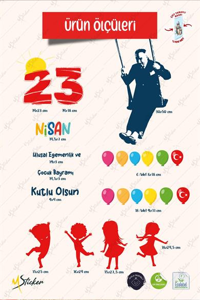 23 Nisan Temalı Bayraklı Çift Taraflı Baskılı Sticker Seti, Atatürk ve Çocuk Cam Sticker