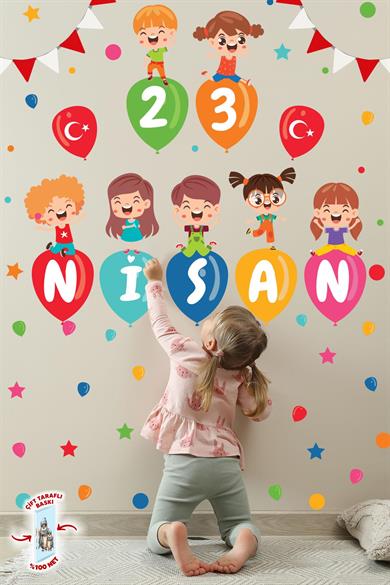 23 Nisan Temalı Bayraklı Çift Taraflı Baskılı Sticker Seti, 23 Nisan Cam Duvar Çocuk Bayramı Sticker
