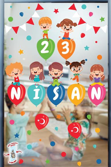23 Nisan Temalı Bayraklı Çift Taraflı Baskılı Sticker Seti, 23 Nisan Cam Duvar Çocuk Bayramı Sticker