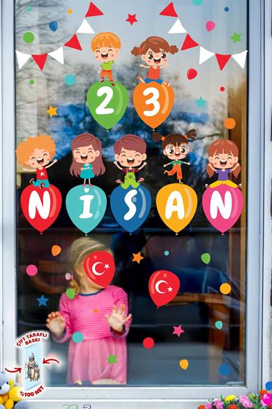23 Nisan Temalı Bayraklı Çift Taraflı Baskılı Sticker Seti, 23 Nisan Cam Duvar Çocuk Bayramı Sticker