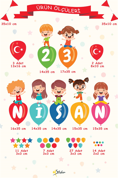 23 Nisan Temalı Bayraklı Çift Taraflı Baskılı Sticker Seti, 23 Nisan Cam Duvar Çocuk Bayramı Sticker