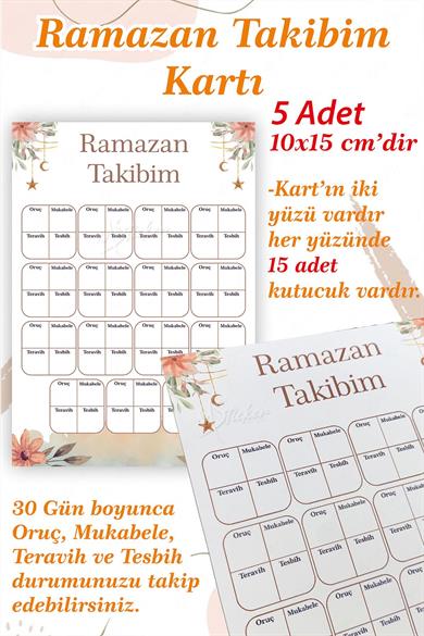 5 li Ramazan-ı Şerif Takip Kartı Oruç Mukabele Teravih Tesbih Takipl Kartı Ramazan Ayı Çizelge