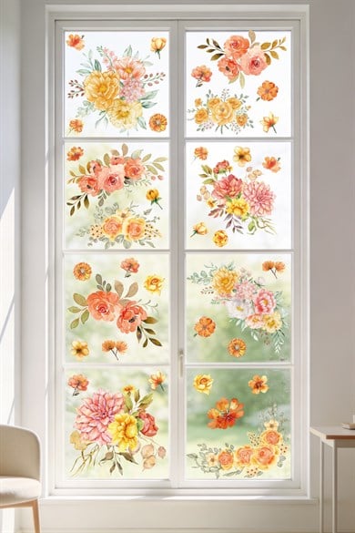 52 Parça Bahar Temalı Cam Sticker Seti – Suluboya Floral Çift Taraflı Görünüm, Dekoratif Cam Sticker