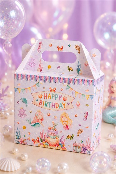5li Doğum Günü Hediye Kutusu Seti Deniz Kızı Temalı 10x13 cm | Çocuk Parti Kutusu | Hediyelik Kutu