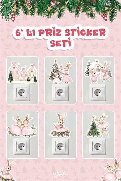 6 lı Yeni Yıl Temalı Mini Sticker Priz Sticker Yılbaşı Yeni Yıl Mini Boy Sticker Seti Sevimli Tavşan