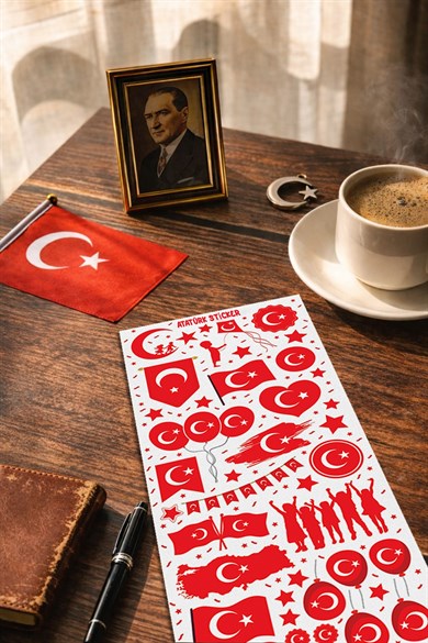 75 Parça Atatürk ve Bayrak Temalı Mini Sticker Seti, 23 Nisan 19 Mayıs Atatürk Sticker Okul Etiket