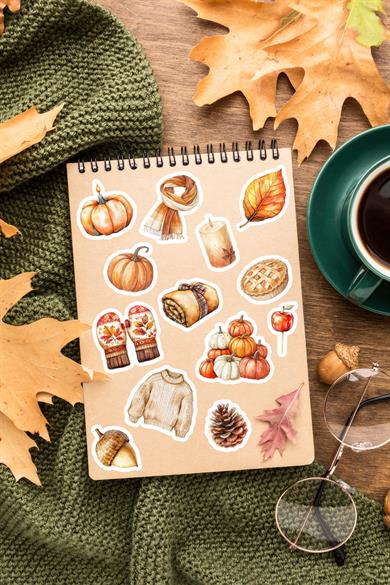 86 Parça Sonbahar Temalı Sticker Seti - Kalem Suluk Defter Cam Masa Laptop Tablet Sticker 