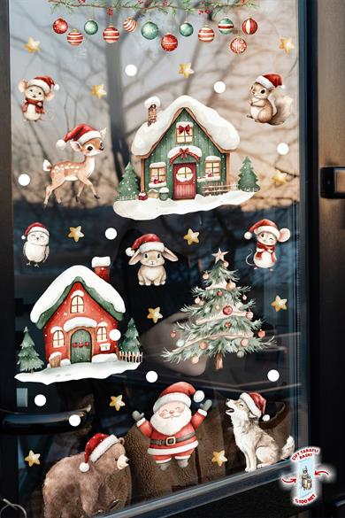 89 Parça Çift Taraflı Yılbaşı Cam Sticker Seti – Suya Dayanıklı Noel Süsleri - Yeni Yıl Cam Duvar 