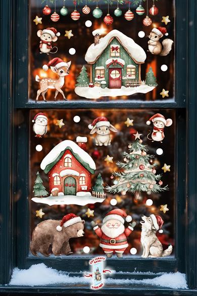 89 Parça Çift Taraflı Yılbaşı Cam Sticker Seti – Suya Dayanıklı Noel Süsleri - Yeni Yıl Cam Duvar 