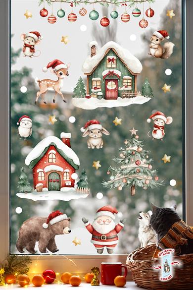 89 Parça Çift Taraflı Yılbaşı Cam Sticker Seti – Suya Dayanıklı Noel Süsleri - Yeni Yıl Cam Duvar 