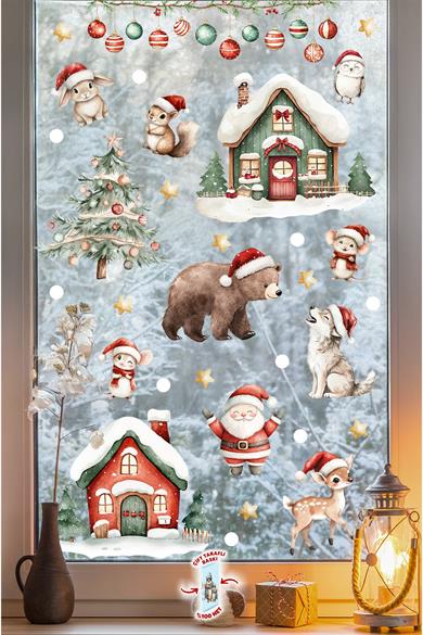 89 Parça Çift Taraflı Yılbaşı Cam Sticker Seti – Suya Dayanıklı Noel Süsleri - Yeni Yıl Cam Duvar 