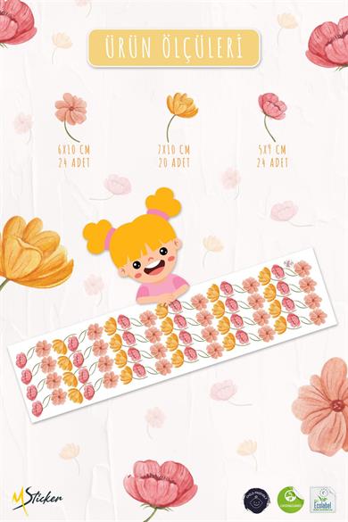 Açık ve Soft Renklerde Çiçeklerden oluşan Özel Çizim Sticker Seti 68 adet Özel Keismli Sticker Seti