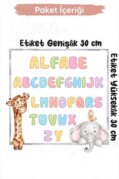 Alfabe Sticker Seti Zürafa ve Filli 30x30 cm Cam Duvar Sticker Seti