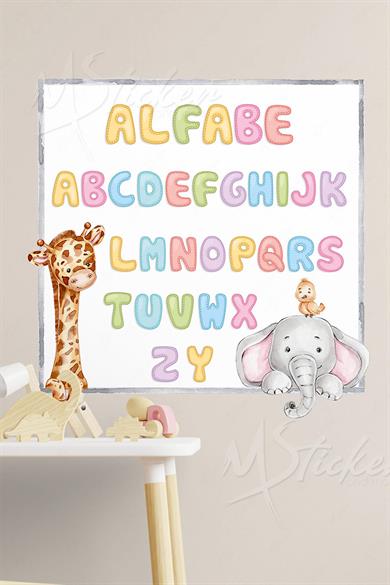Alfabe Sticker Seti Zürafa ve Filli 30x30 cm Cam Duvar Sticker Seti