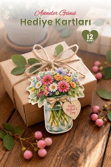 Anneler Günü Hediye Kartı 12 Adet 10x10 cm | Yazılabilir Mesaj Kartı | Hediye Paketi İçin Çiçek Kart