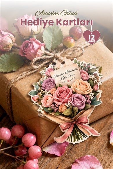 Anneler Günü Hediye Kartı 12 Adet 10x10 cm | Yazılabilir Mesaj Kartı | Hediye Paketi İçin Çiçek Kart