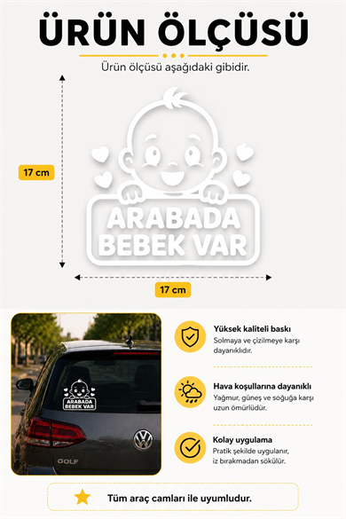 Araba Camı Bebek Var Stickerı 17x17 cm | Beyaz Oto Cam Stickerı | Baby On Board Oto Sticker