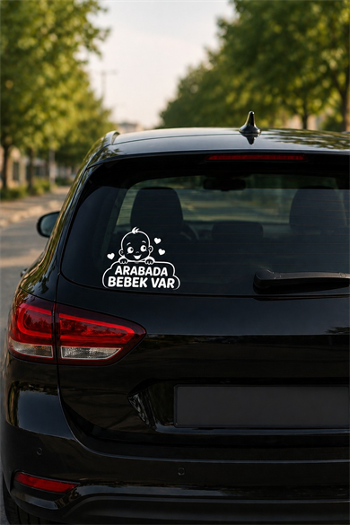 Araba Camı Bebek Var Stickerı 17x17 cm | Beyaz Oto Cam Stickerı | Baby On Board Oto Sticker