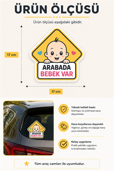 Arabada Bebek Var Oto Cam Stickerı 17x17 cm | Renkli Baby On Board Araç Stickerı