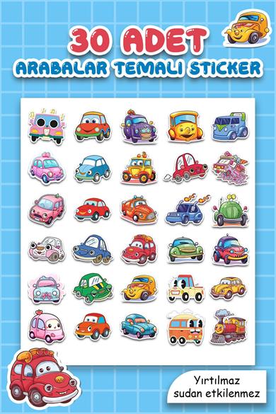Arabalar ve Taşıtlar Temalı Sudan Etkilenmeyen Sticker Seti 30 Parça Tüm Yüzeylere Uygun Sticker