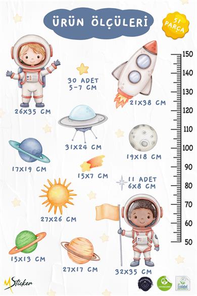 Astronotlar, Uzay ve Gezegenler Temalı Temalı Boy Ölçer Boy Cetveli Sticker Seti Çocuk 