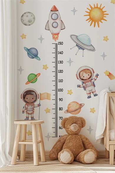 Astronotlar, Uzay ve Gezegenler Temalı Temalı Boy Ölçer Boy Cetveli Sticker Seti Çocuk 