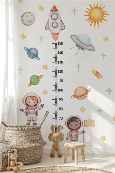 Astronotlar, Uzay ve Gezegenler Temalı Temalı Boy Ölçer Boy Cetveli Sticker Seti Çocuk 