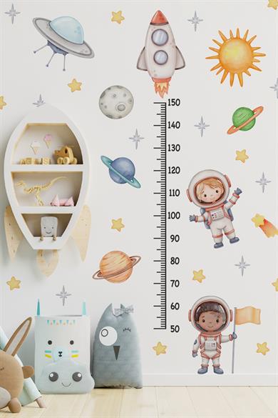 Astronotlar, Uzay ve Gezegenler Temalı Temalı Boy Ölçer Boy Cetveli Sticker Seti Çocuk 