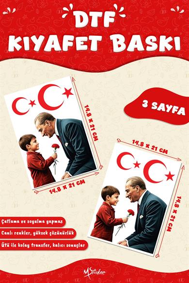 Atatürk ve Çocuk 29 Ekim Tshirt Kumaşa Baskı Yapılabilen Özel Tasarım Ütü Ile Yapışan Tekstil Dtf 