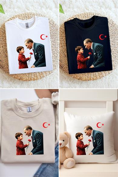 Atatürk ve Çocuk 29 Ekim Tshirt Kumaşa Baskı Yapılabilen Özel Tasarım Ütü Ile Yapışan Tekstil Dtf 