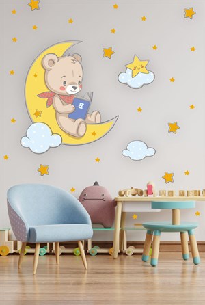 Ayda Kitap Okuyan Ayıcık Bulut ve Yıldızlar Çocuk Bebek Odası Sti