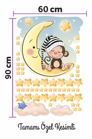 Ayda Oturan Maymun Bulut ve Yıldızlar Çocuk Bebek Odası Sticker S