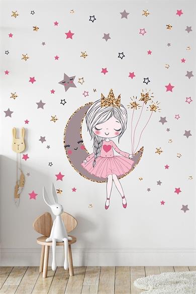 Ayda Oturan Sevimli Kız Çocuk Odası Duvar Sticker Seti