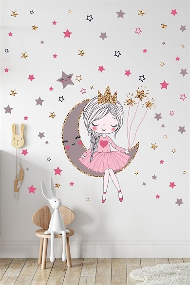 Ayda Oturan Sevimli Kız Çocuk Odası Duvar Sticker Seti  45x60 cm
