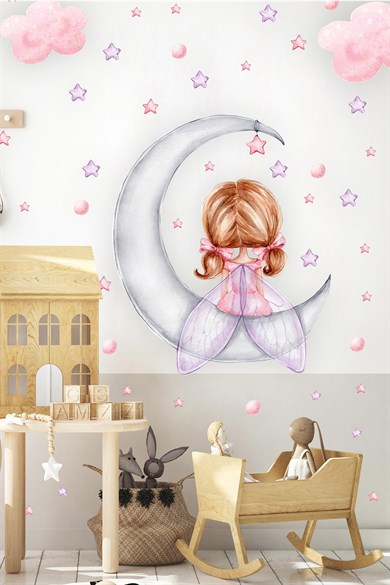 Ayda Oturan Sevimli Kız Çocuk Odası Duvar Sticker Seti Yıldız Ve Puantiyeli