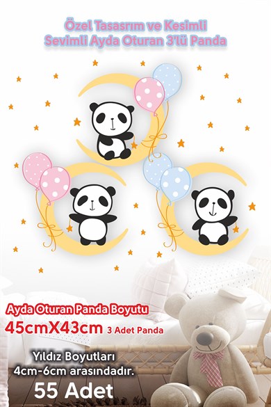 Ayda Oynayan Sevimli Pandalar Ve Yıldızlar Sticker Seti, Cam Duvar Dekorasyon Sticker