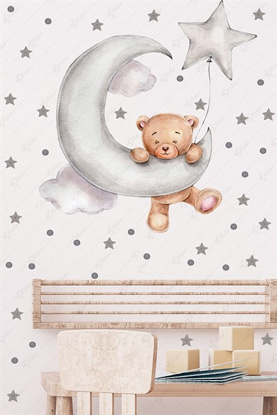 Ayda Sallanan Sevimli Ayıcık Puantiye Ve Yıldızlar Çocuk Bebek Odası Sticker Seti