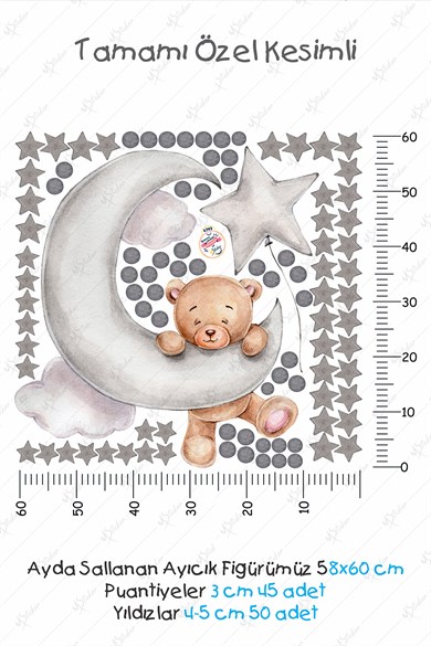 Ayda Sallanan Sevimli Ayıcık Puantiye Ve Yıldızlar Çocuk Bebek Odası Sticker Seti